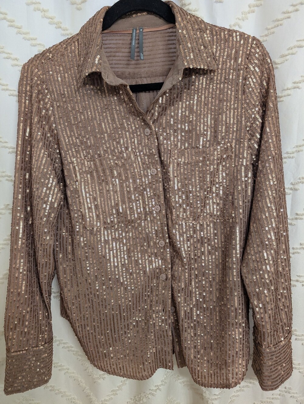 Anthropologie Brown and Beige Sequined Collared Top